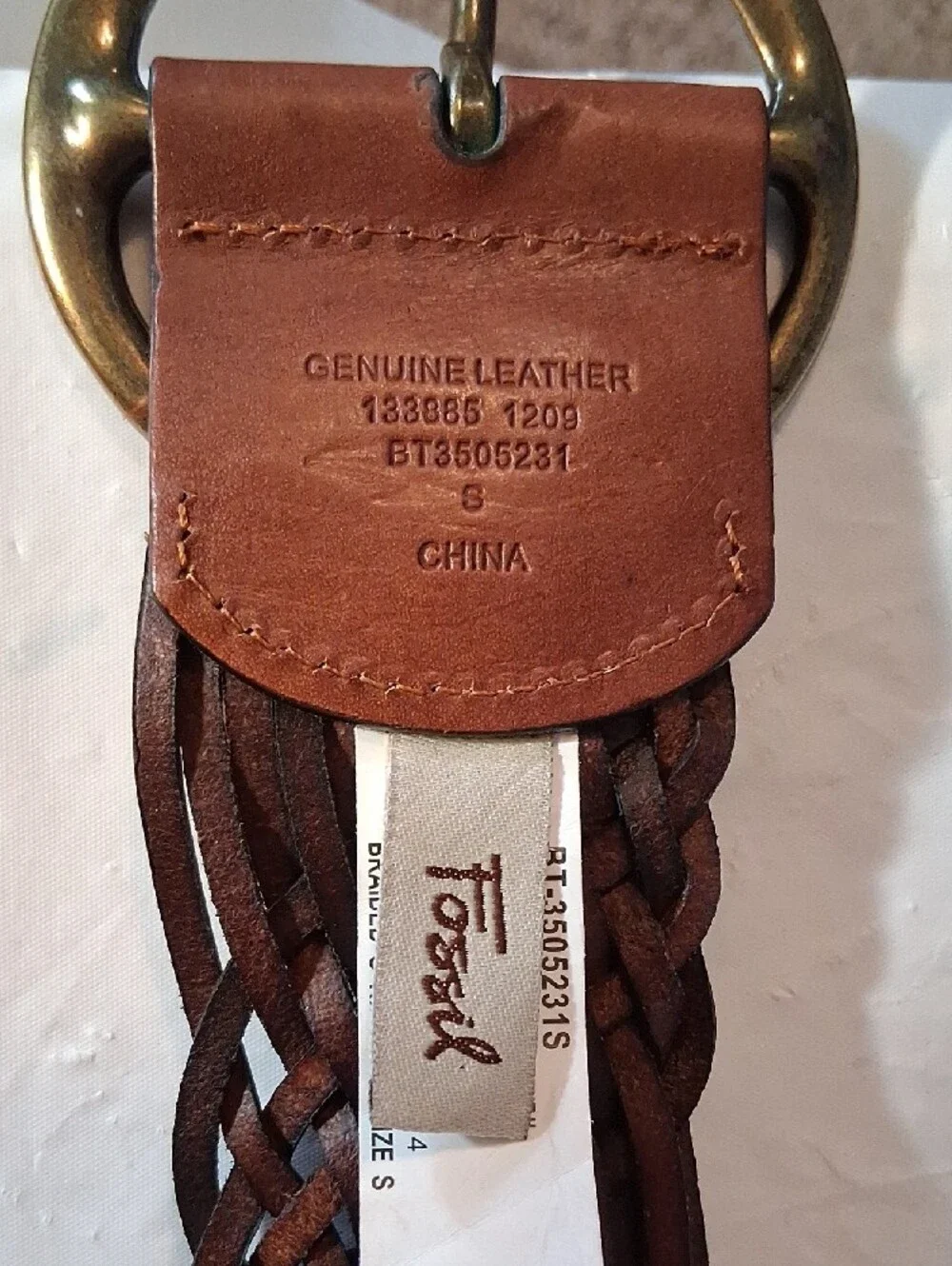 Fossil Woven Brown Leather Belt with Brass Ring Buckle